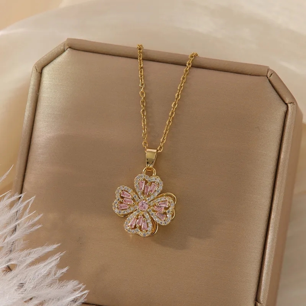 Gold and Pink Floral Pendant Necklace